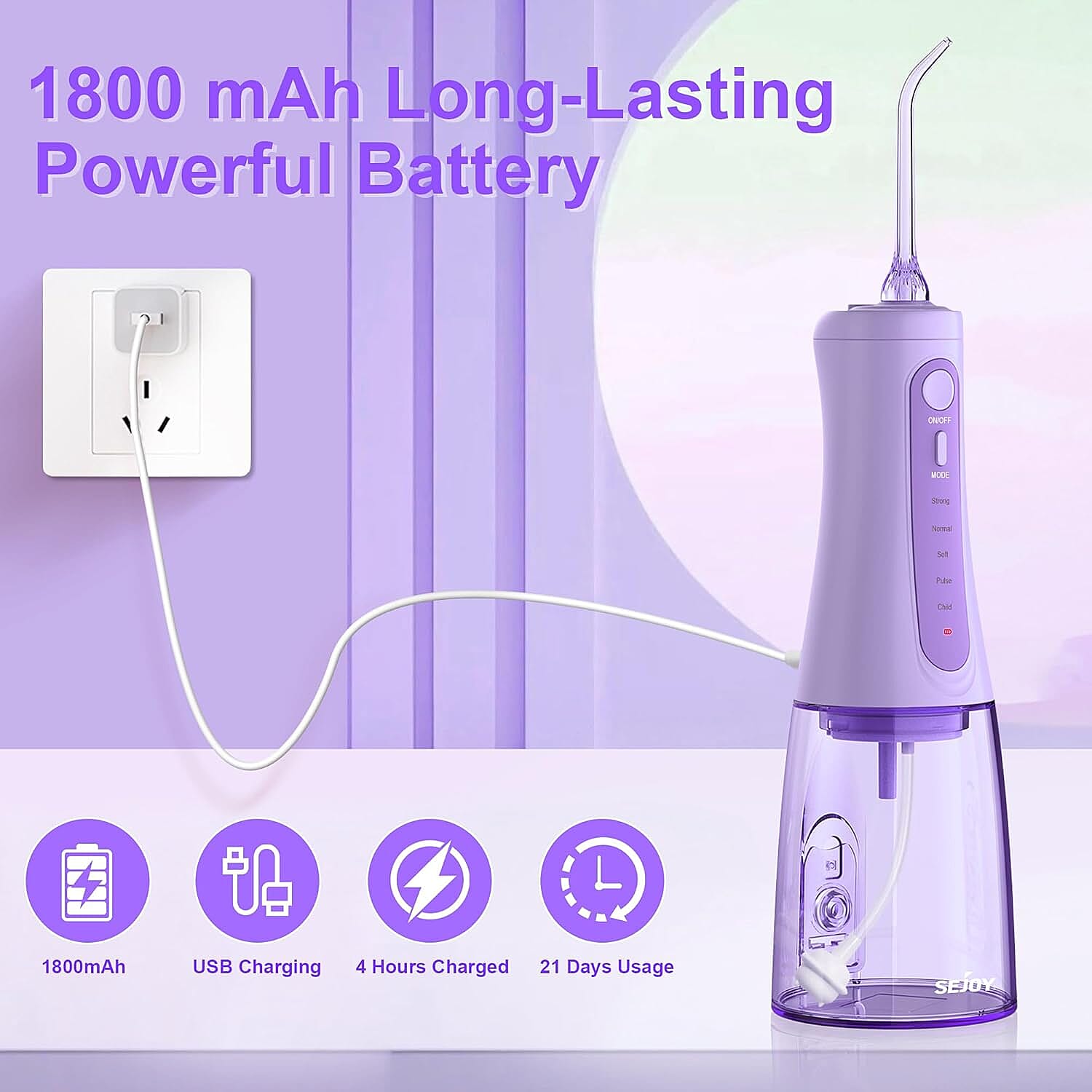 SEJOY Cordless Water Flosser with 5 Cleaning Modes, 6 Jet Tips & IPX7 Waterproof Design - Purple